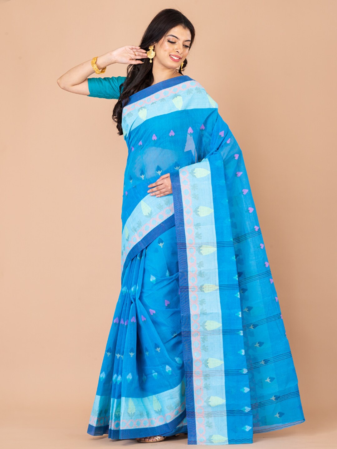 

Laa Calcutta Floral Woven Design Pure Cotton Taant Saree, Blue