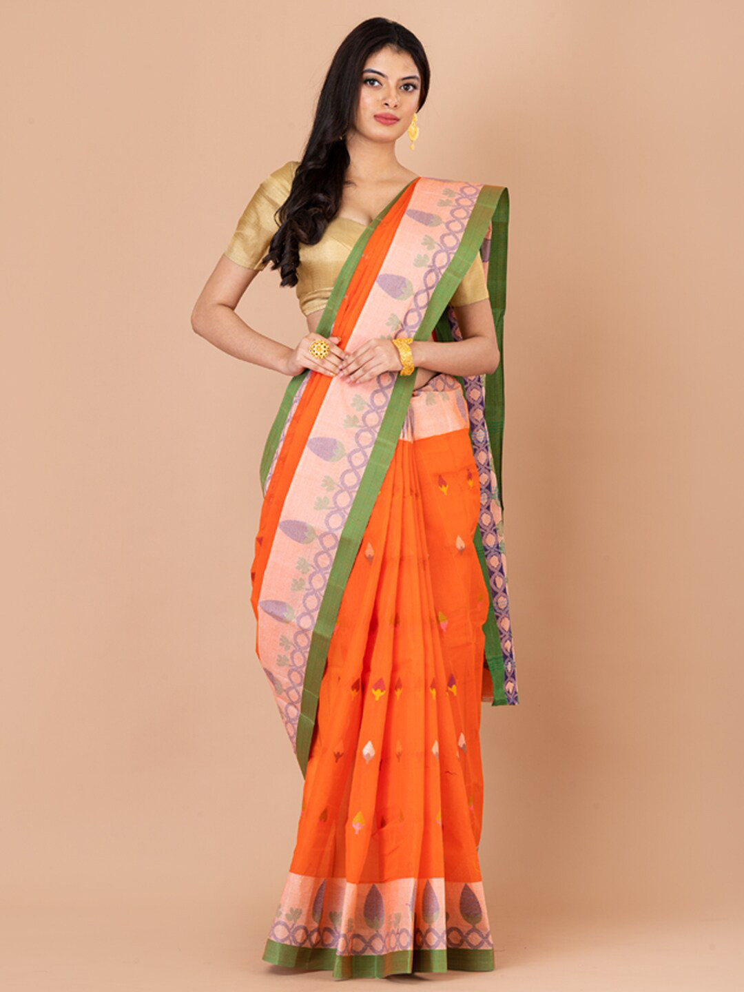 

Laa Calcutta Floral Woven Design Pure Cotton Taant Saree, Orange