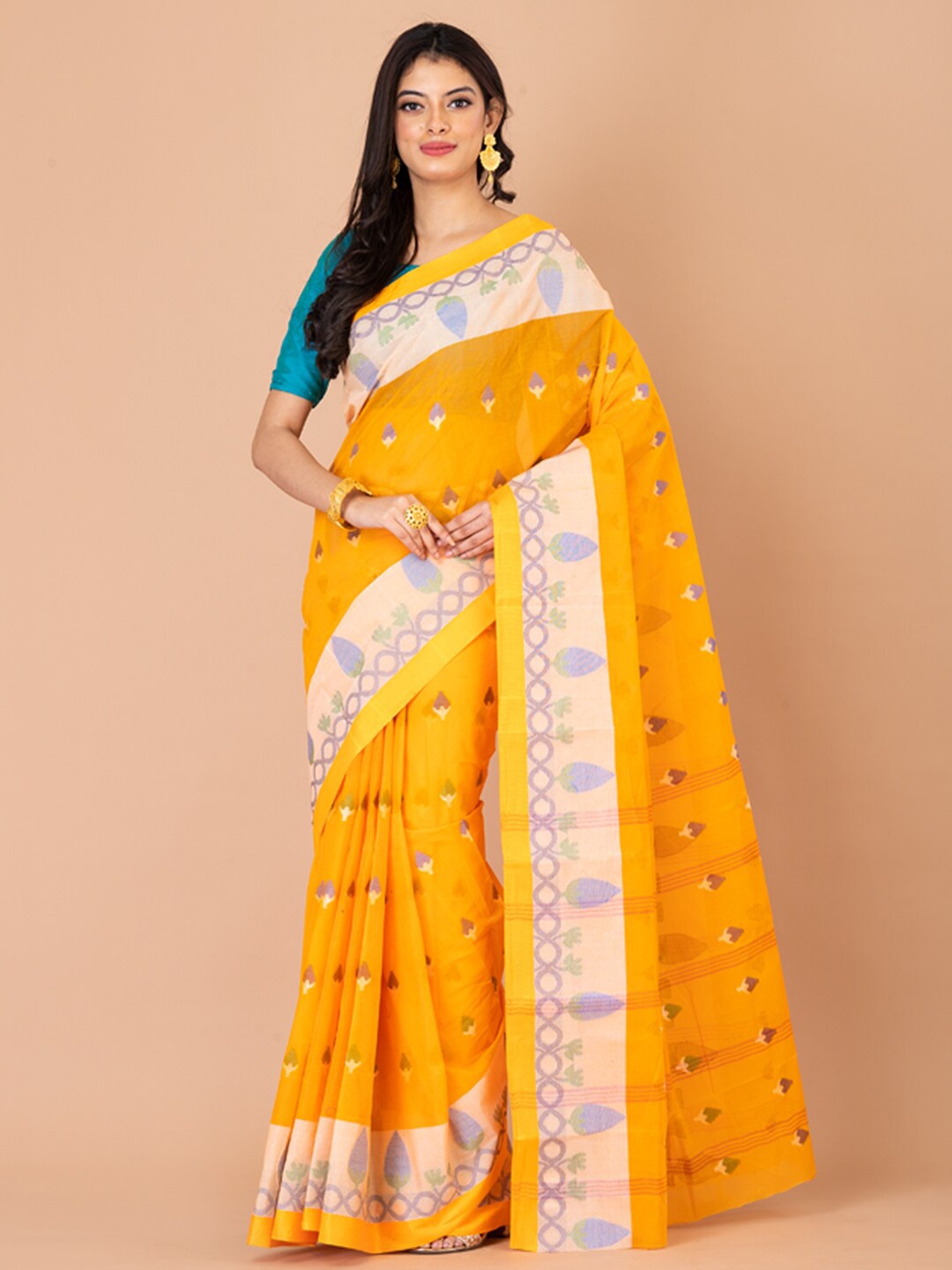 

Laa Calcutta Floral Woven Design Pure Cotton Taant Saree, Orange