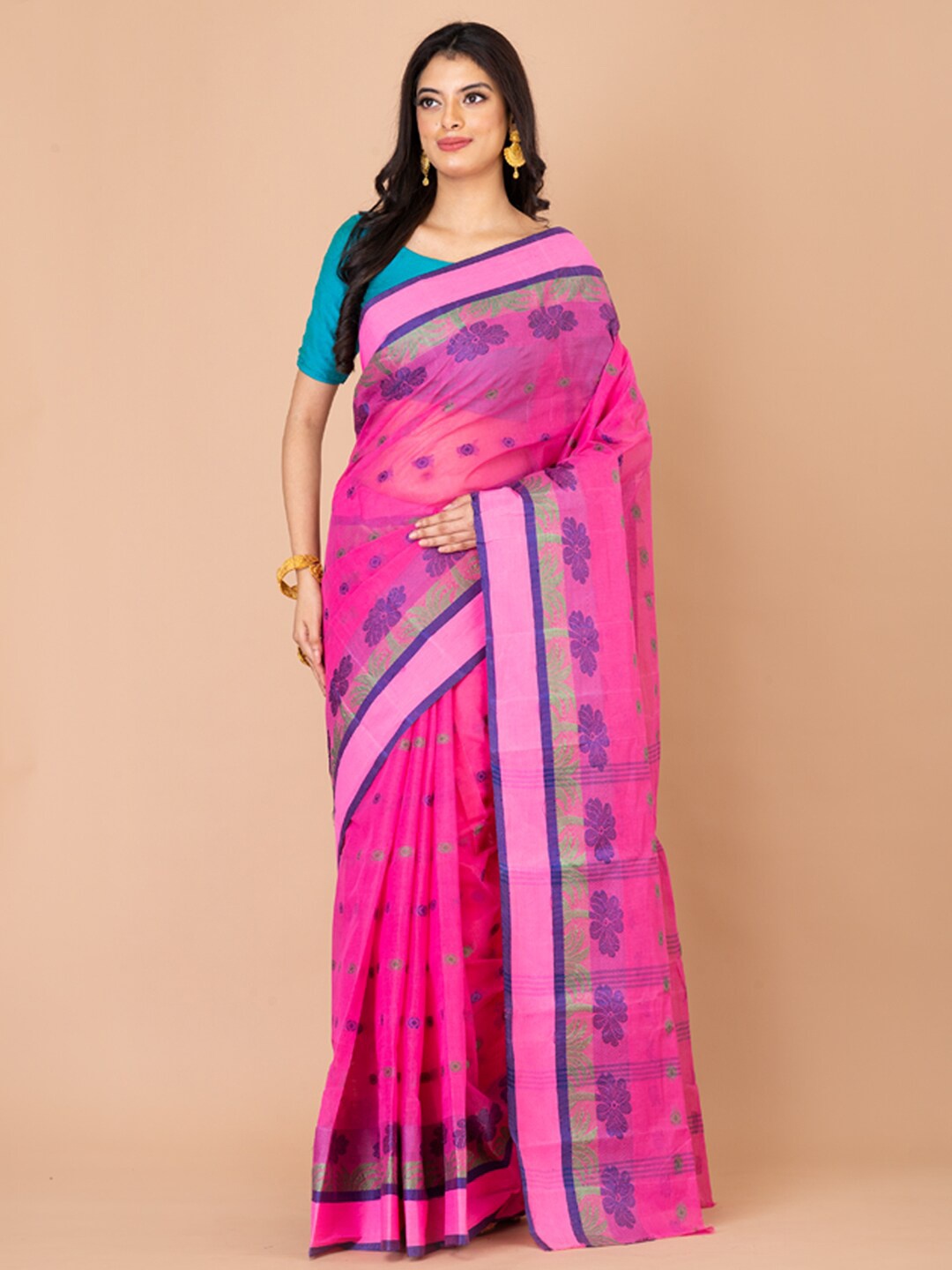 

Laa Calcutta Ethnic Motifs Woven Design Pure Cotton Taant Saree, Pink