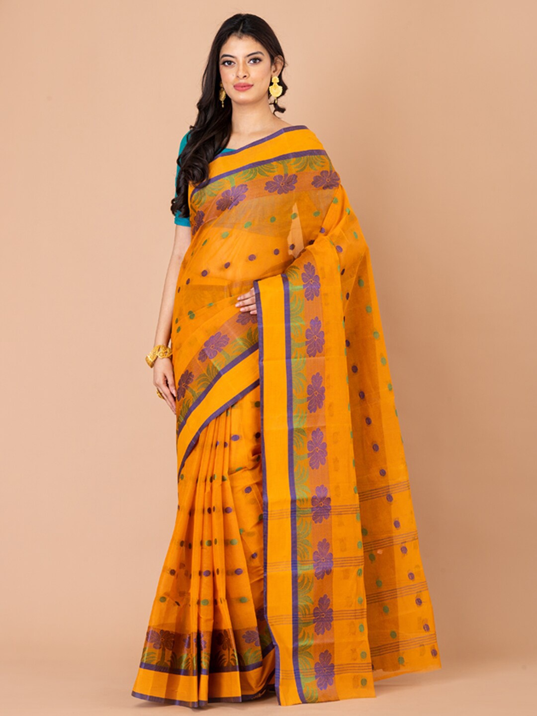 

Laa Calcutta Ethnic Motifs Woven Design Pure Cotton Taant Saree, Mustard