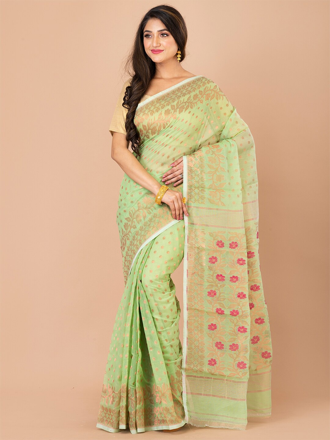 

Laa Calcutta Polka Dots Woven Design Zari Jamdani Saree, Green