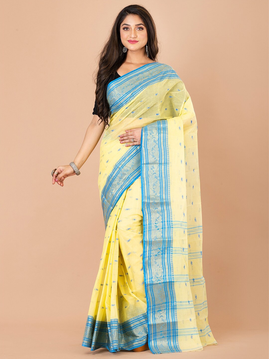 

Laa Calcutta Paisley Woven Design Zari Pure Cotton Taant Saree, Yellow