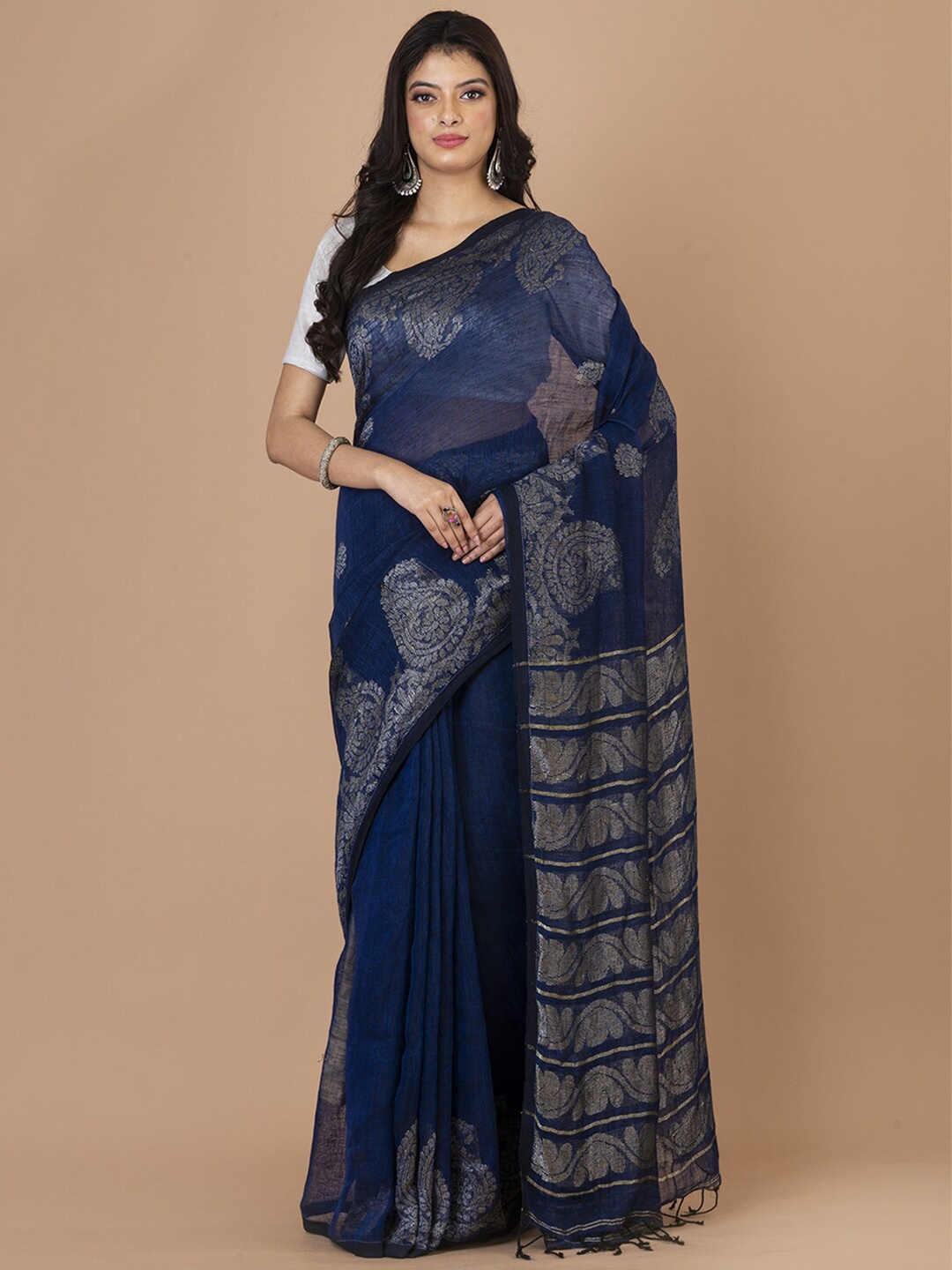 

Laa Calcutta Woven Design Paisley Border Zari Pure Linen Saree, Blue