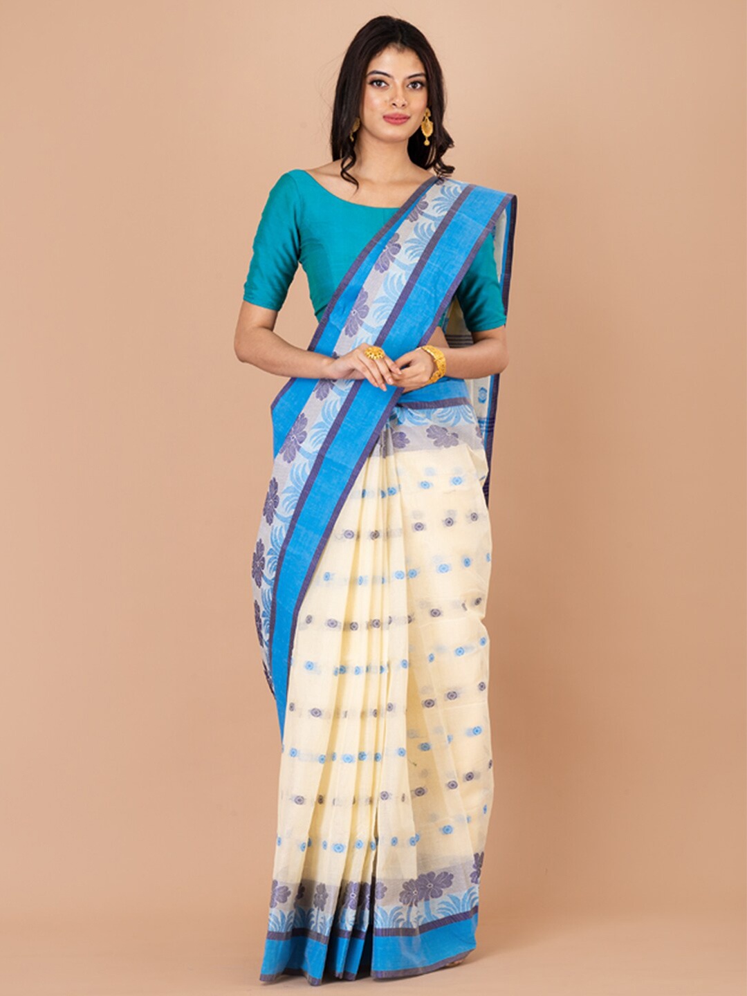 

Laa Calcutta Floral Woven Design Pure Cotton Taant Saree, White