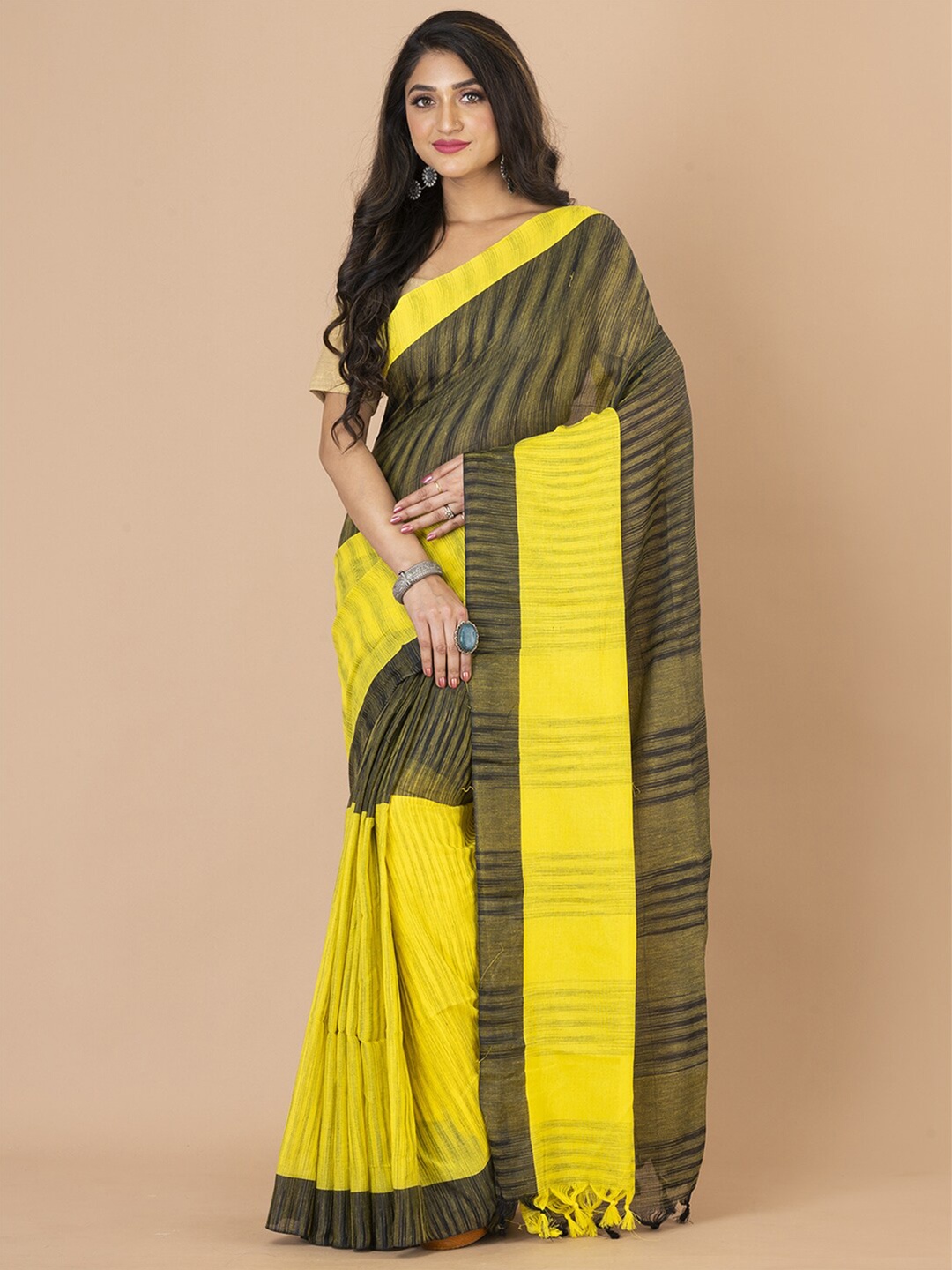 

Laa Calcutta Striped Pure Cotton Saree, Olive