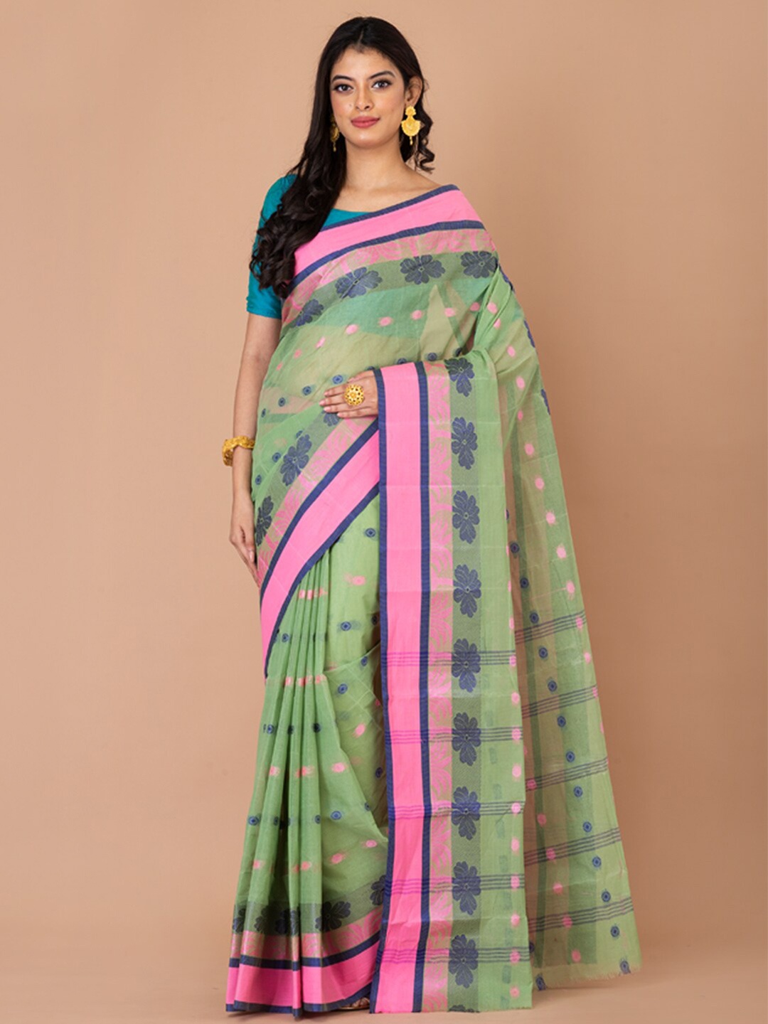 

Laa Calcutta Floral Woven Design Pure Cotton Taant Saree, Green