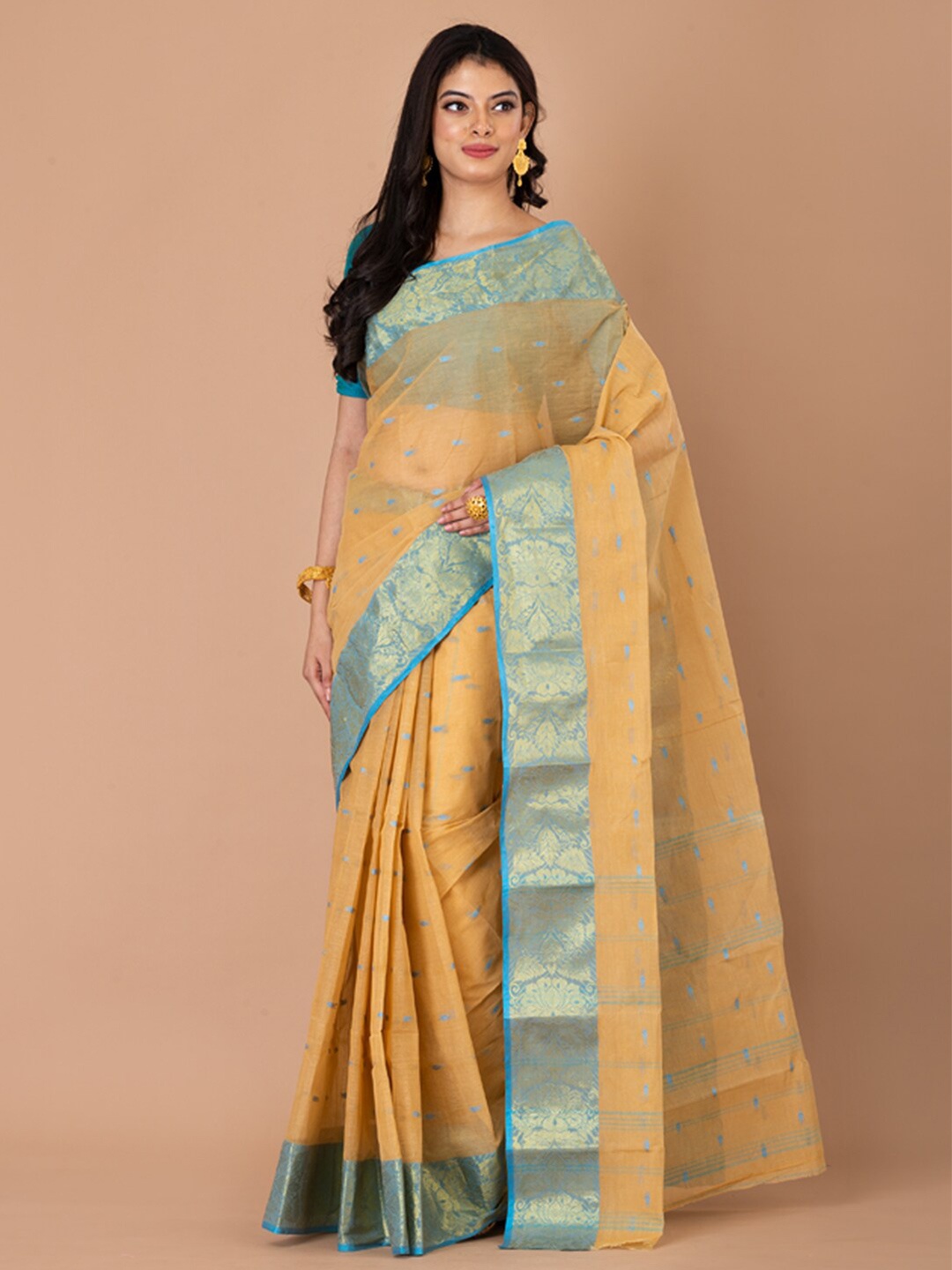 

Laa Calcutta Ethnic Motif Zari Pure Cotton Taant Saree, Beige