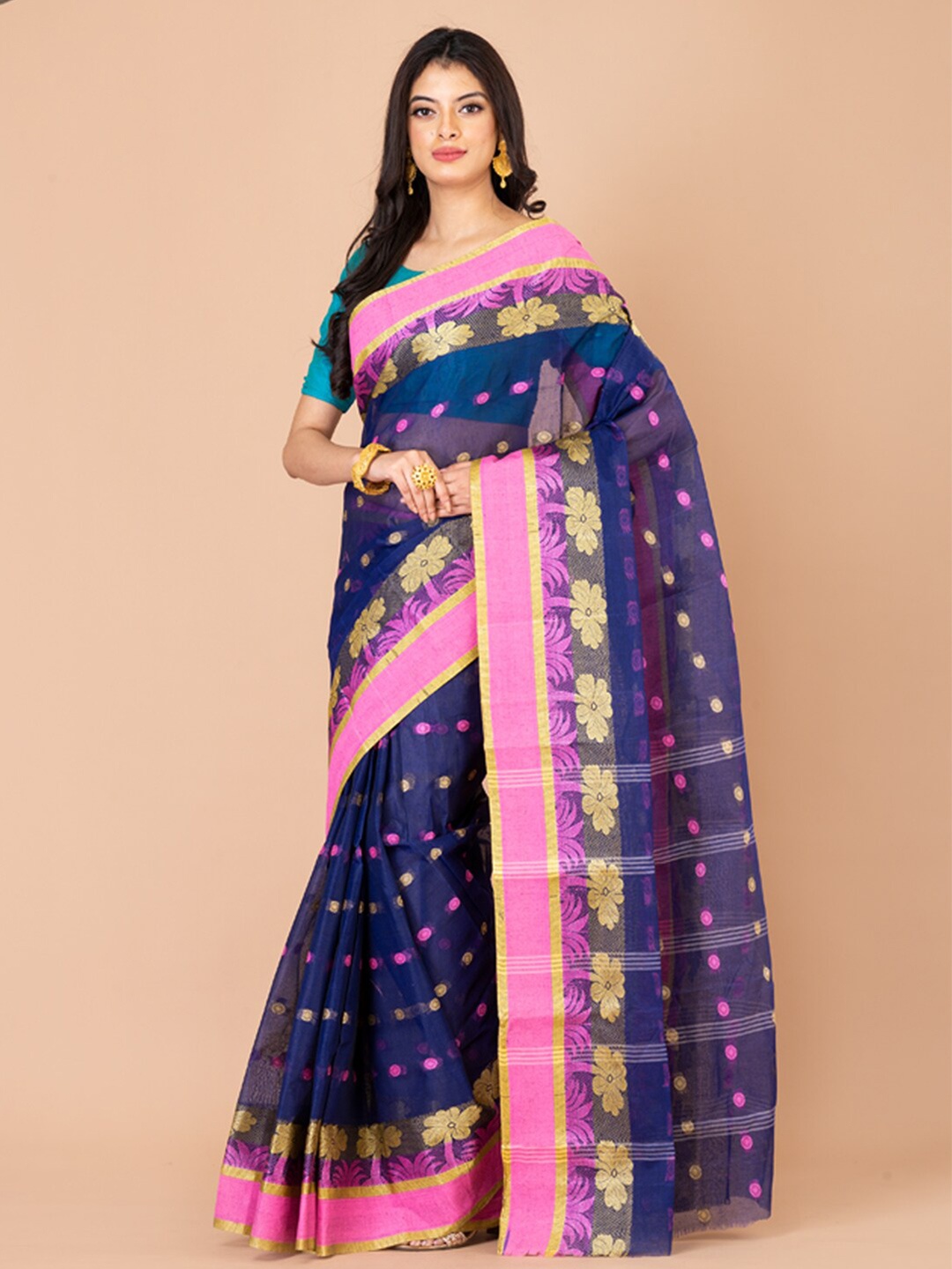 

Laa Calcutta Floral Motif Woven Design Zari Pure Cotton Taant Saree, Blue