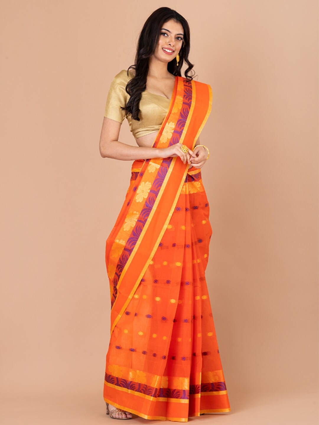 

Laa Calcutta Ethnic Motifs Woven Design Pure Cotton Taant Saree, Orange