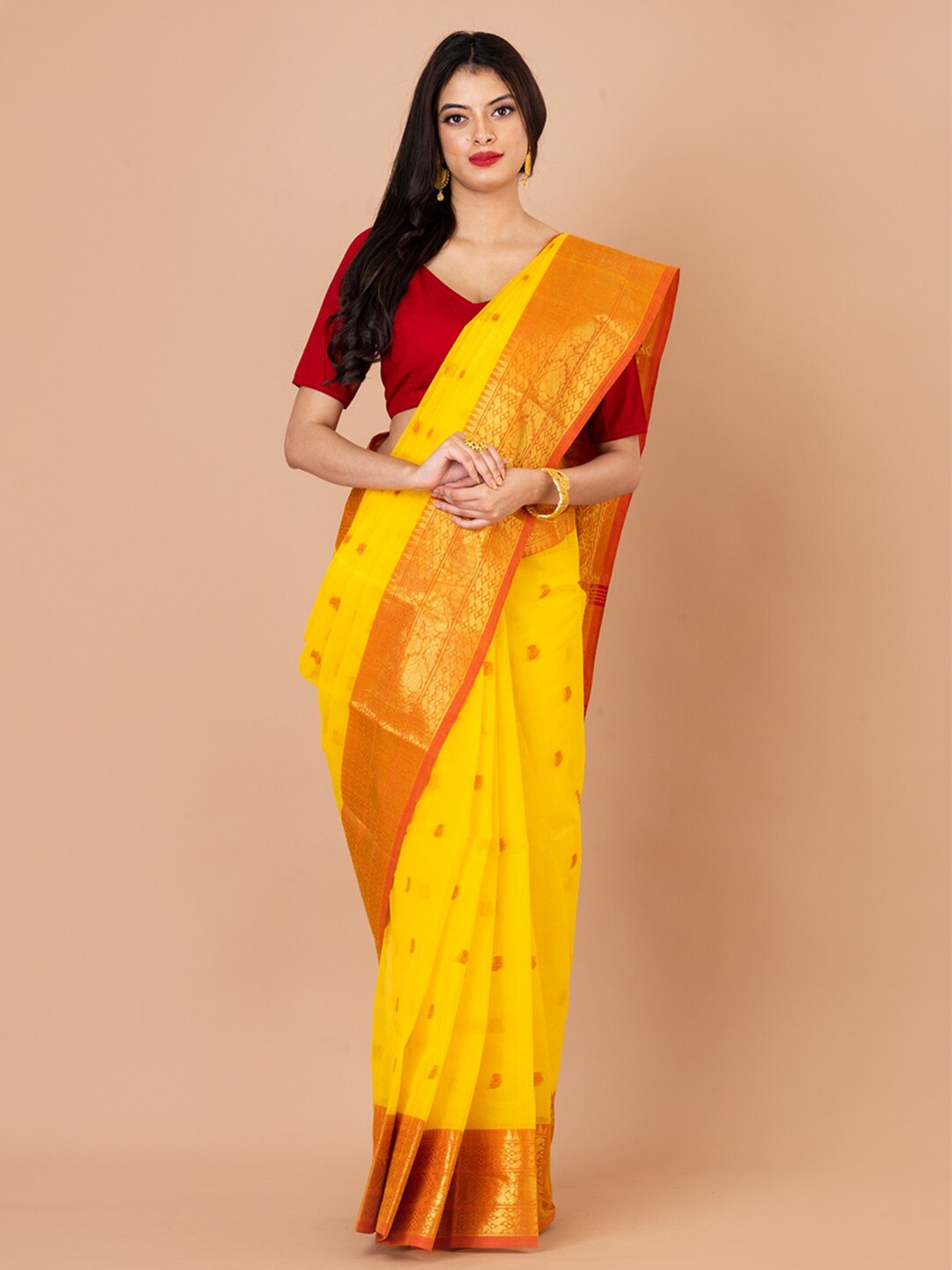 

Laa Calcutta Paisley Woven Design Zari Pure Cotton Taant Saree, Yellow