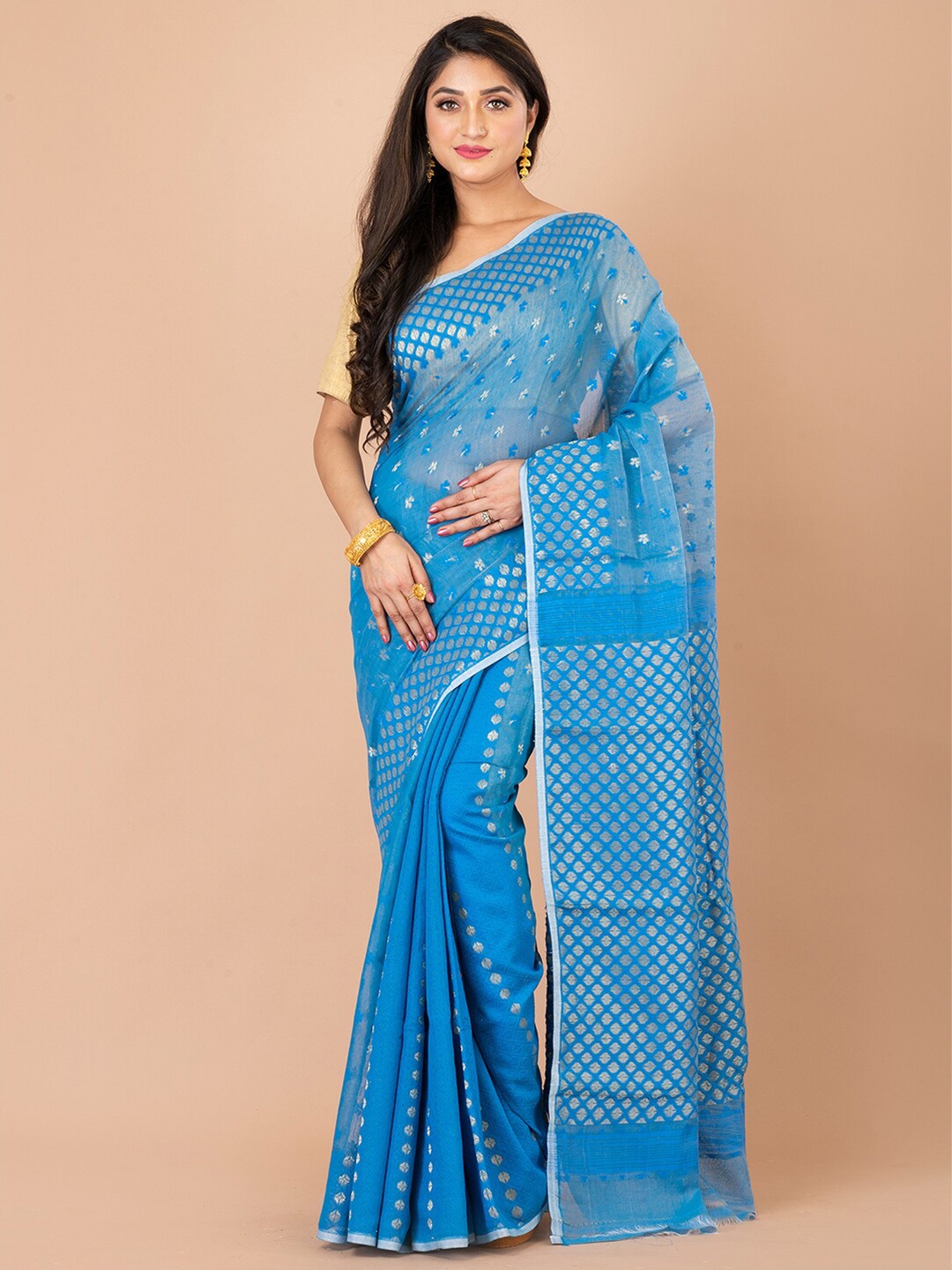 

Laa Calcutta Ethnic Motifs Woven Design Jamdani Saree, Blue