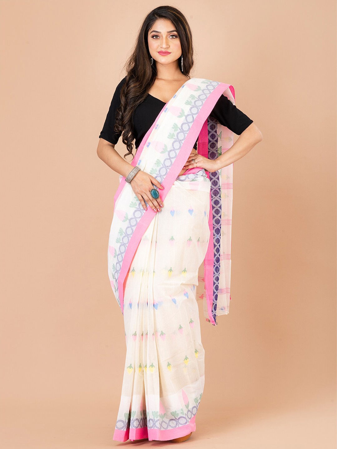 

Laa Calcutta Floral Woven Design Pure Cotton Taant Saree, White