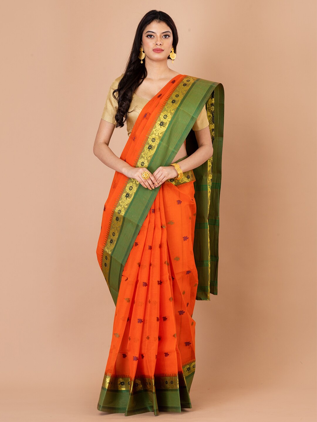 

Laa Calcutta Floral Woven Design Zari Pure Cotton Taant Saree, Orange