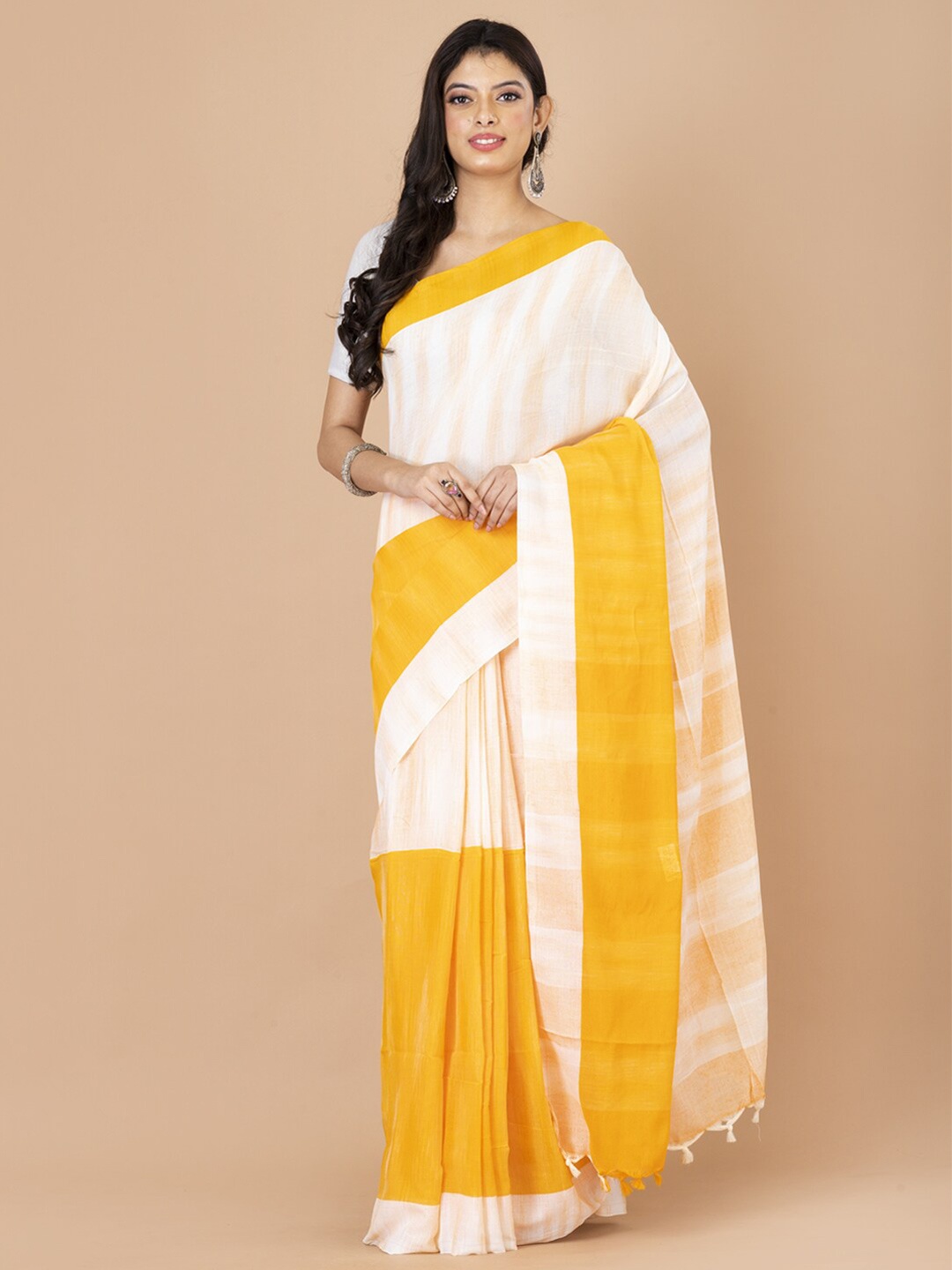 

Laa Calcutta Striped Woven Design Pure Cotton Saree, Yellow