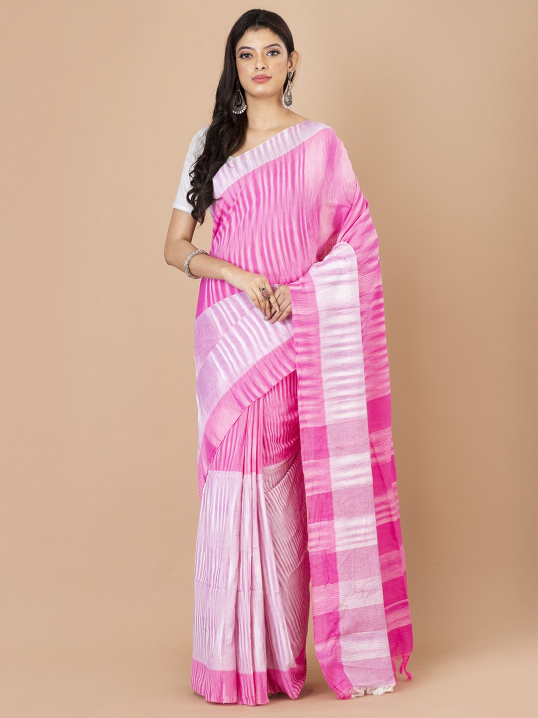 

Laa Calcutta Striped Woven Design Pure Cotton Saree, Pink