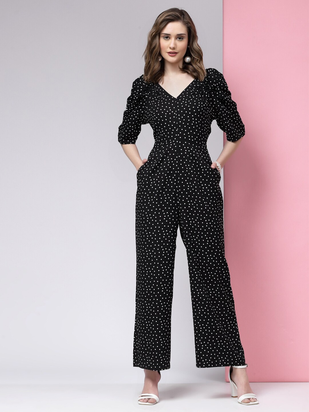 

KASSUALLY V- Neck Polka Dot Printed Cotton Basic Jumpsuit, Black