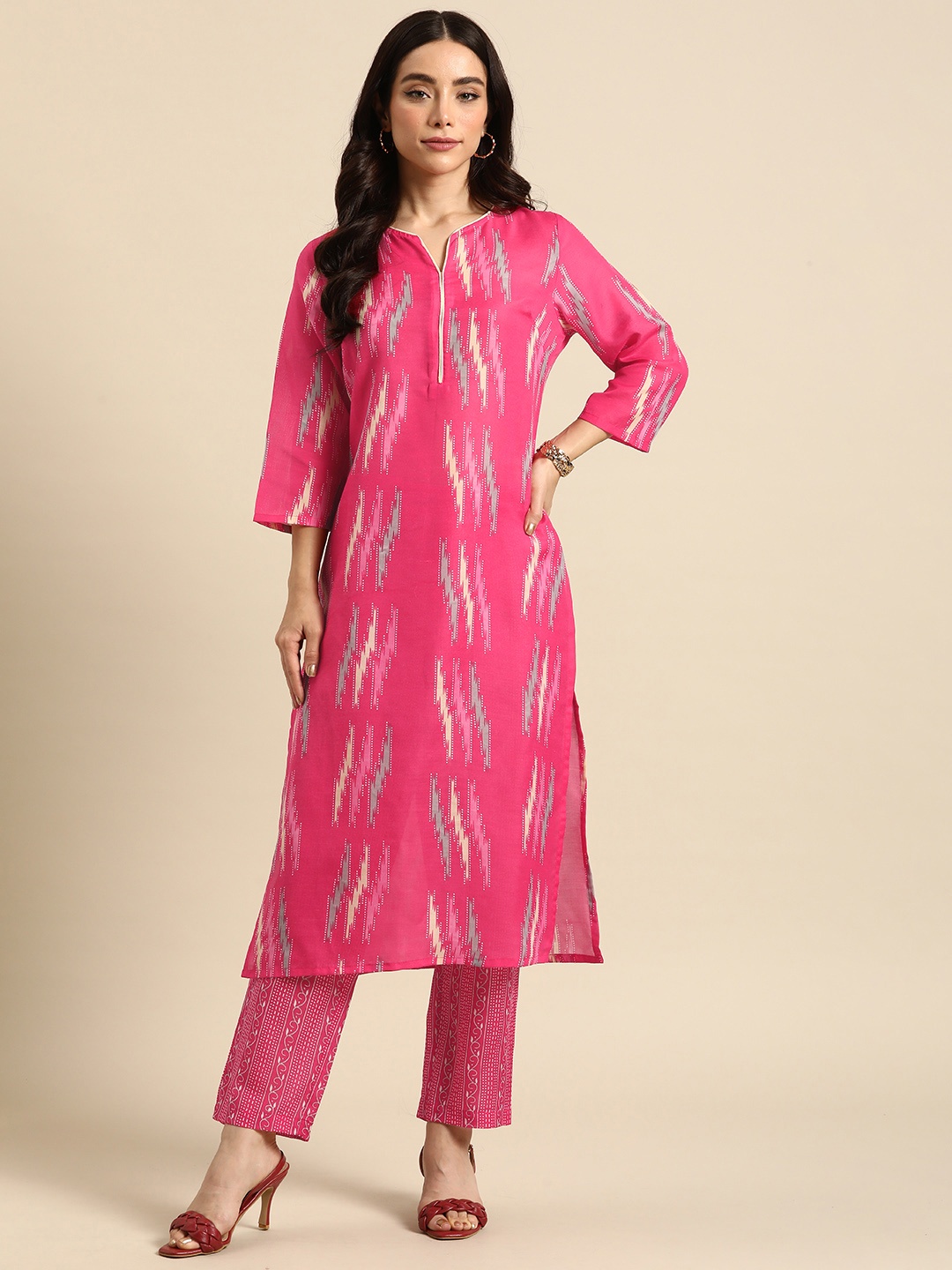Anouk Women Printed Regular Kurta With Trousers, Pink