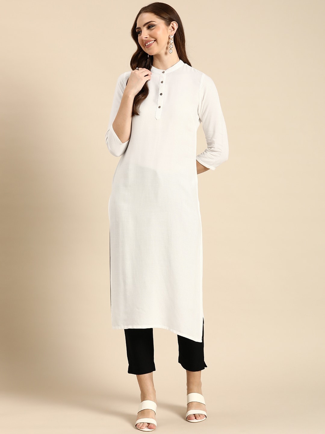 

Anouk Solid Band Collar Straight Kurta, White