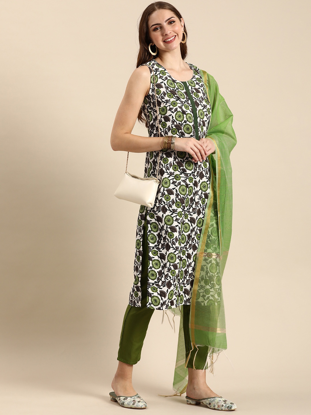 

Anouk Ethnic Motifs Printed Regular Kurta with Trousers & Dupatta, Olive