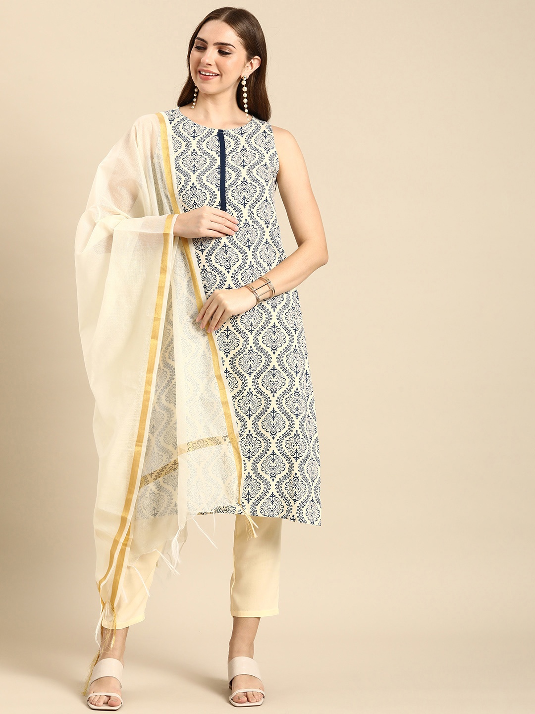 

Anouk Women Ethnic Motifs Printed Regular Kurta With Trousers & With Dupatta, Cream