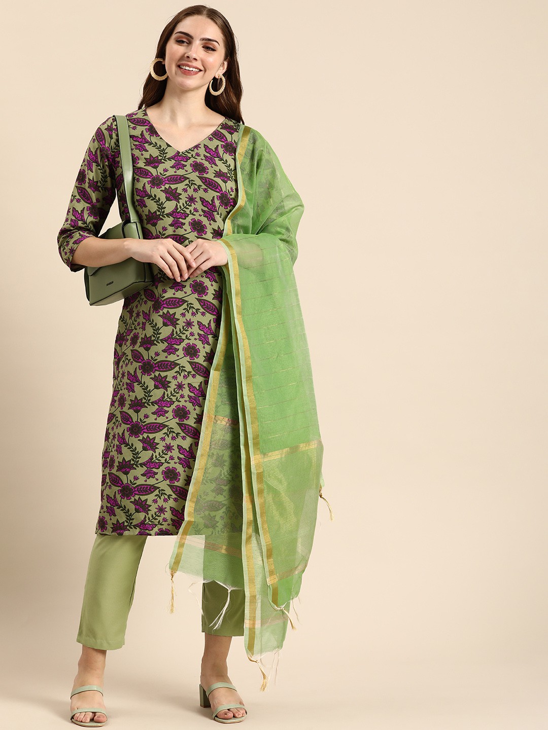 

Anouk Ethnic Motifs Printed Regular Kurta with Trousers & Dupatta, Green
