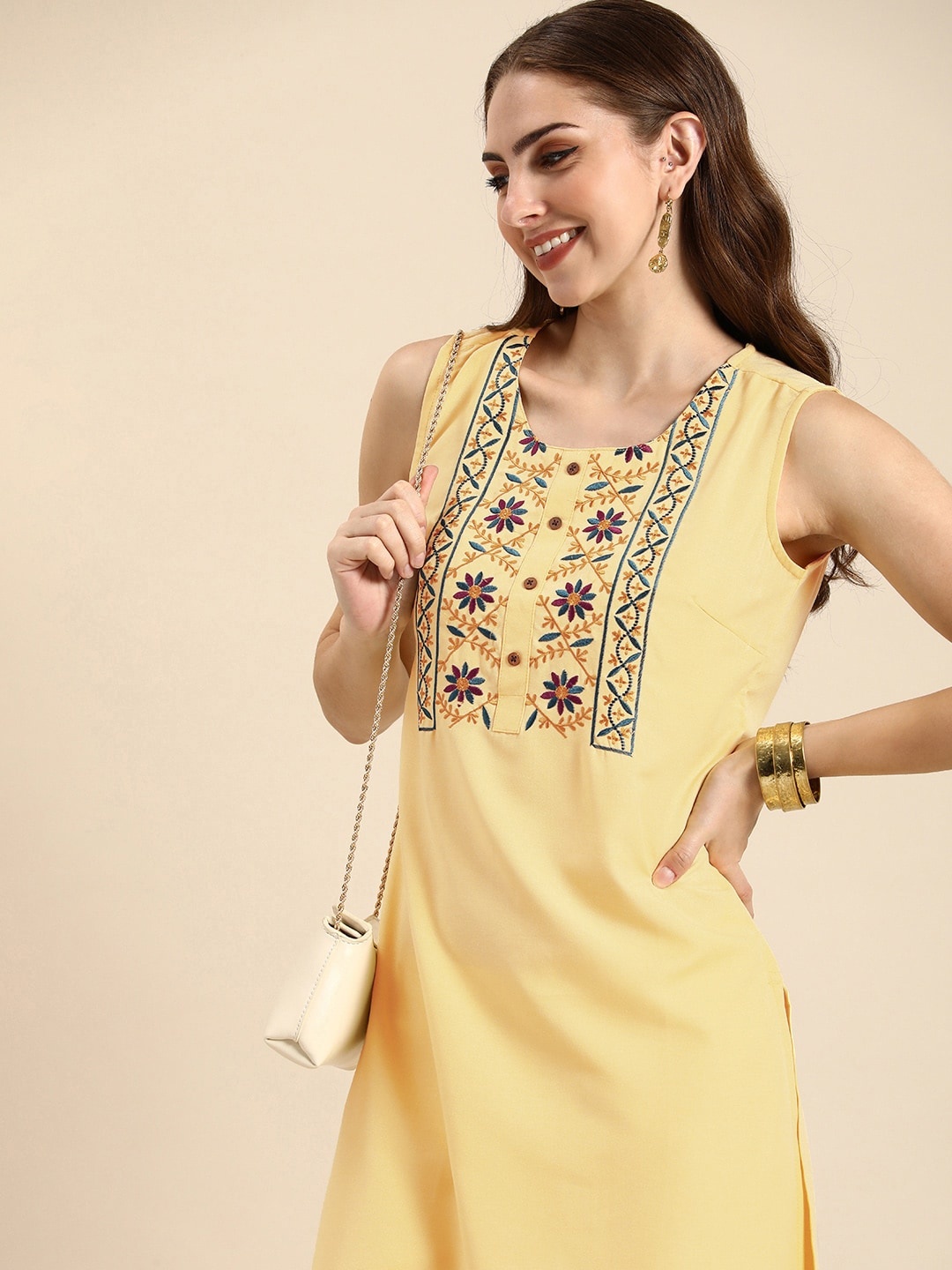 

Anouk Ethnic Motifs Embroidered Thread Work Sleeveless Kurta, Yellow