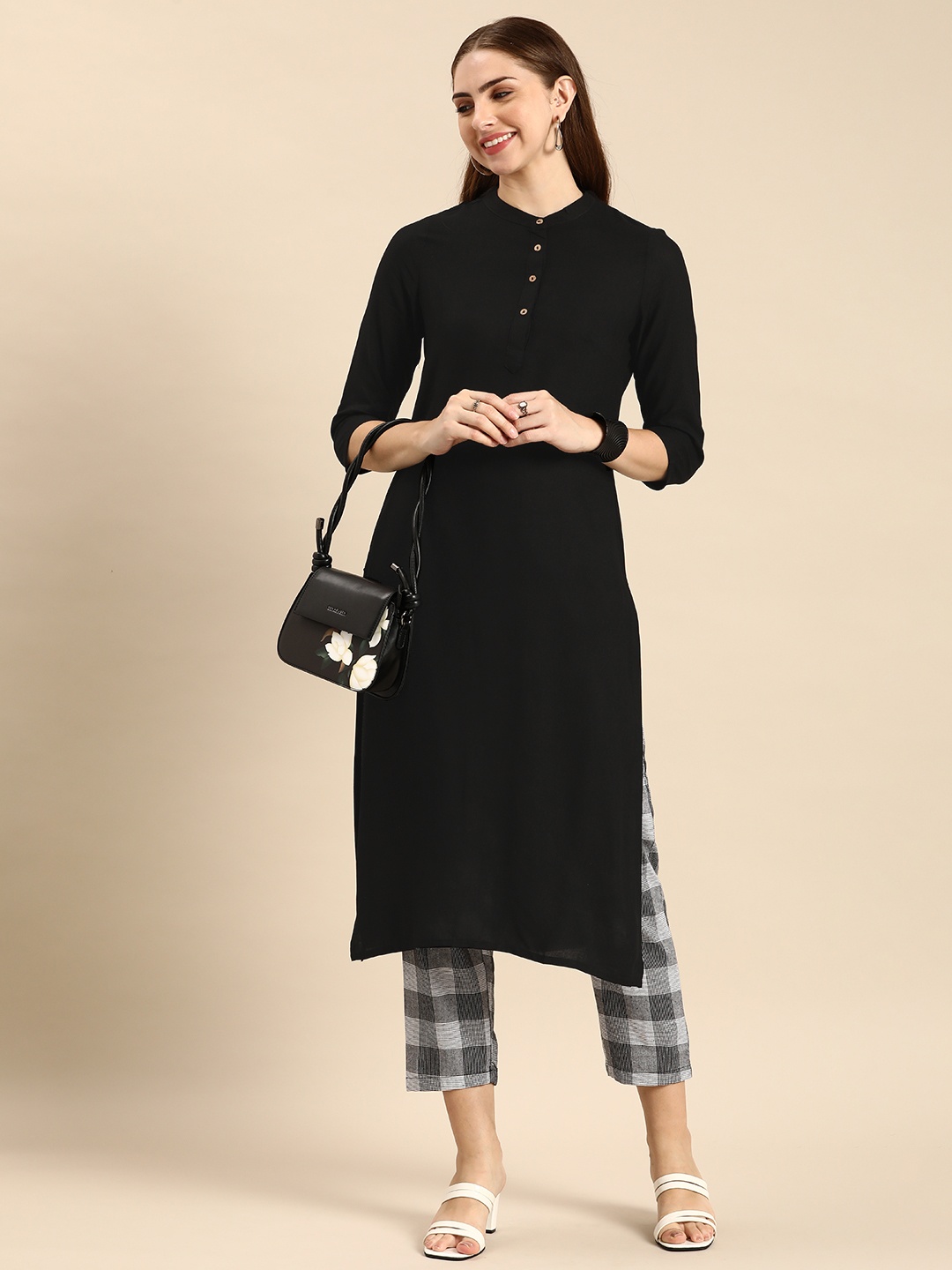 

Anouk Solid Band Collar Straight Kurta, Black