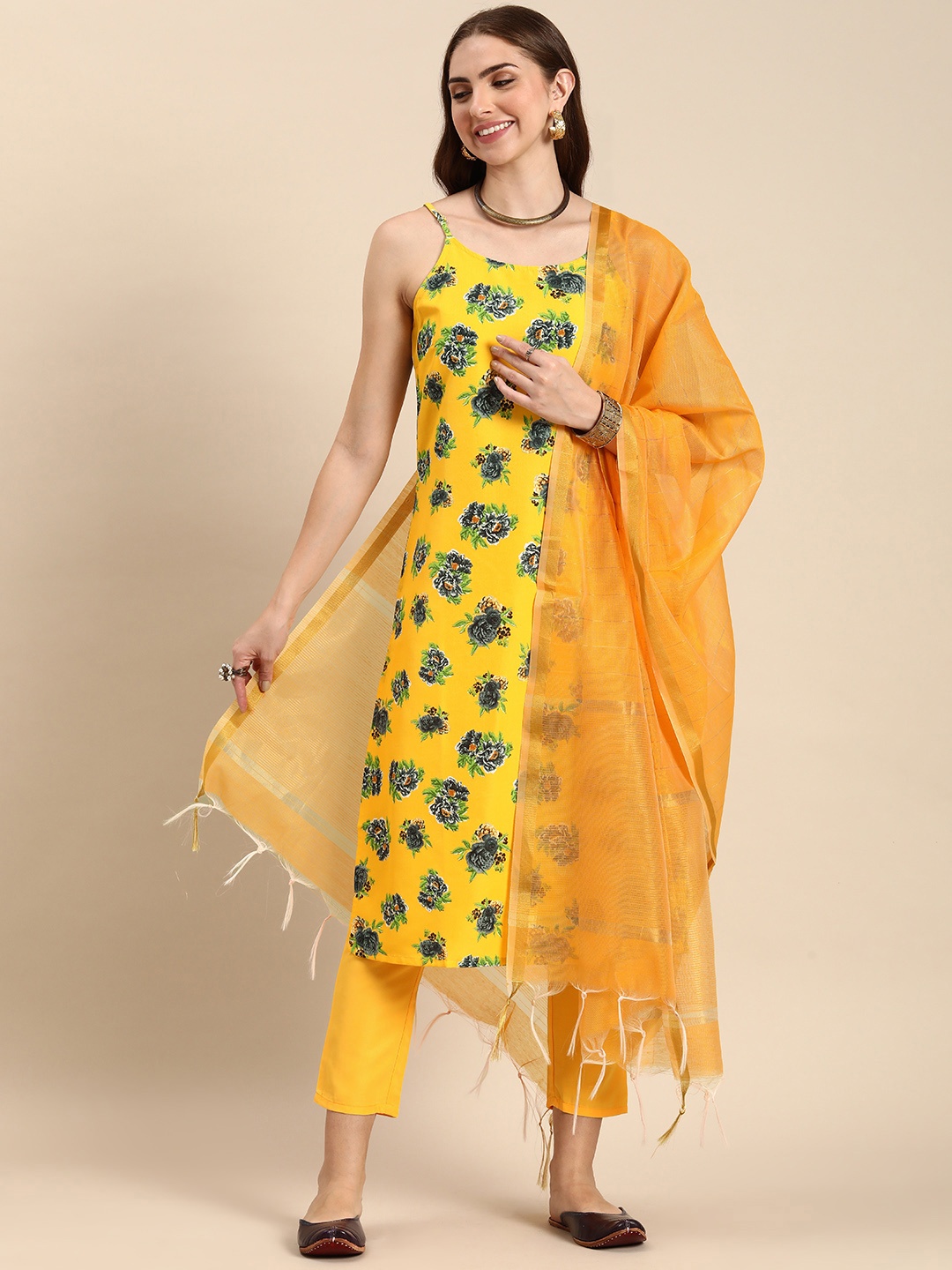 

Anouk Women Floral Printed Regular Kurta with Trousers & With Dupatta, Yellow