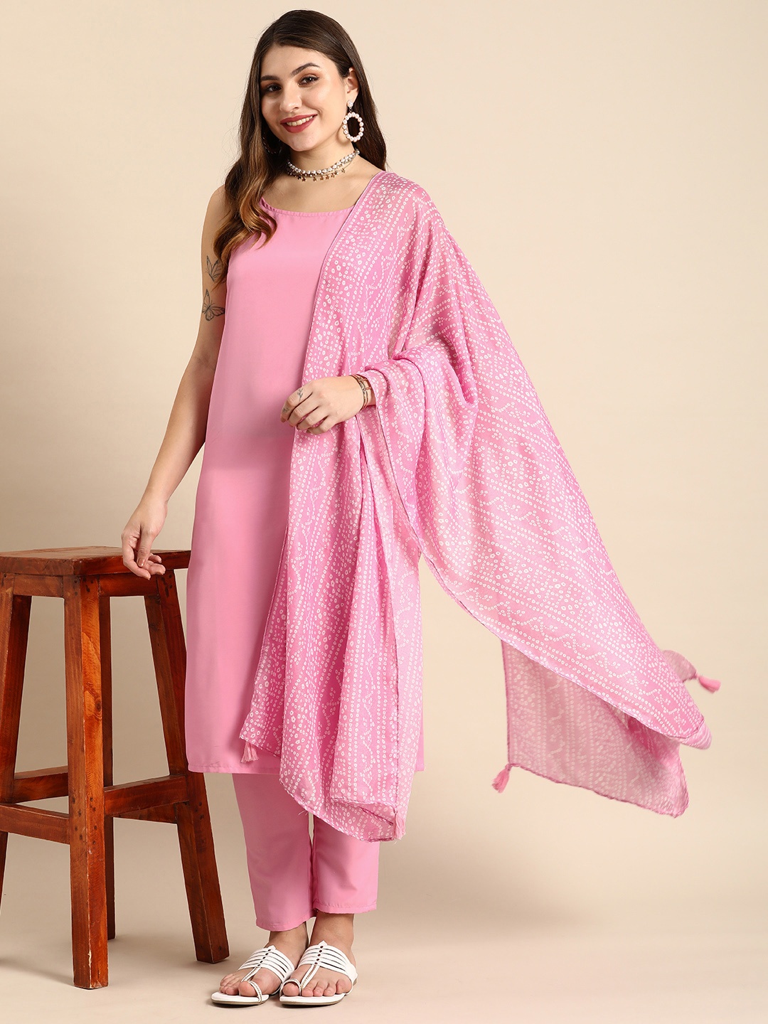 

Anouk Women Shoulder Straps Kurta & Trousers With Dupatta, Pink