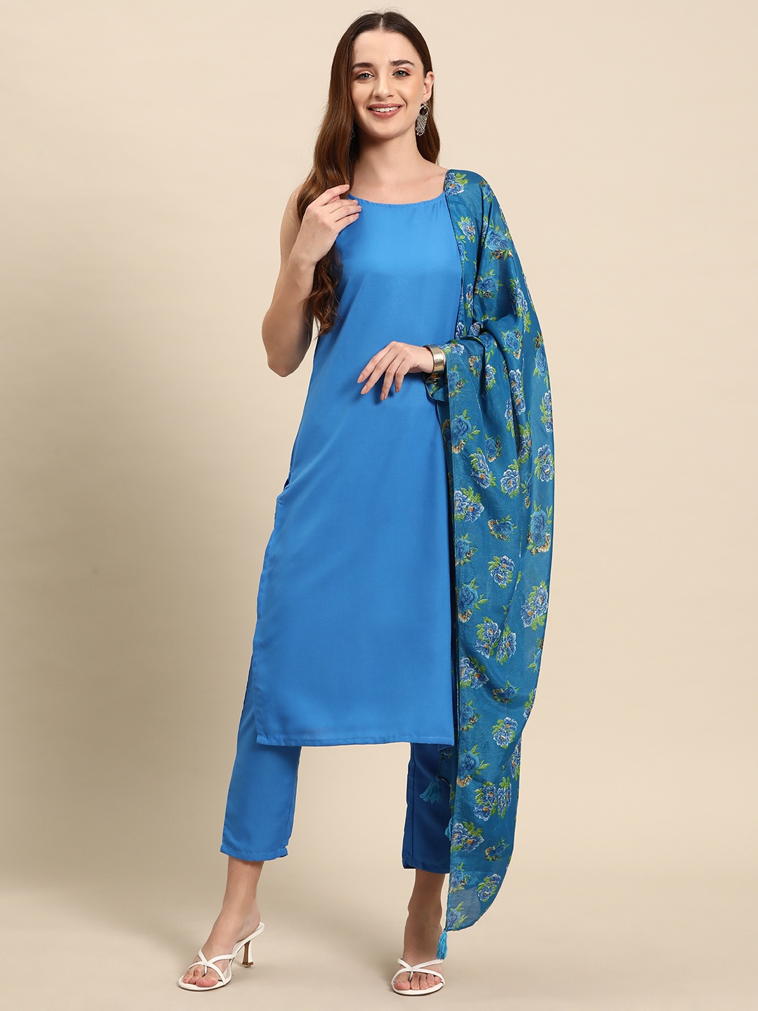 

Anouk Shoulder Straps Kurta with Trousers & Floral Print Dupatta, Blue