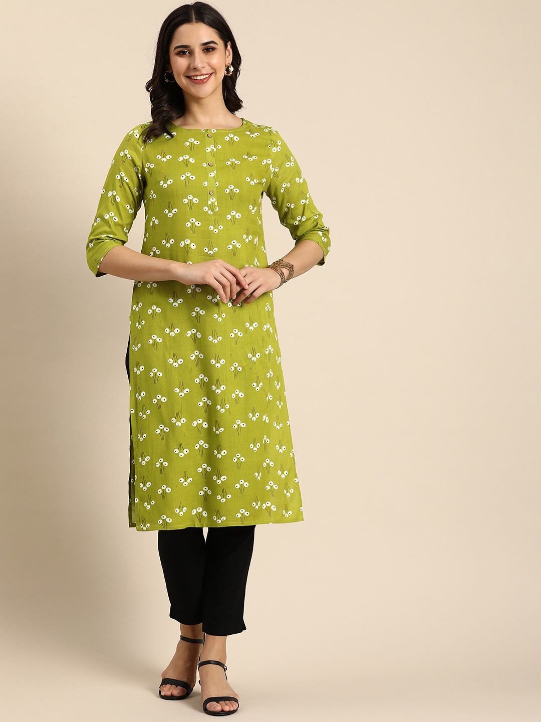 

Anouk Women Floral Printed Round Neck Straight Kurta, Green