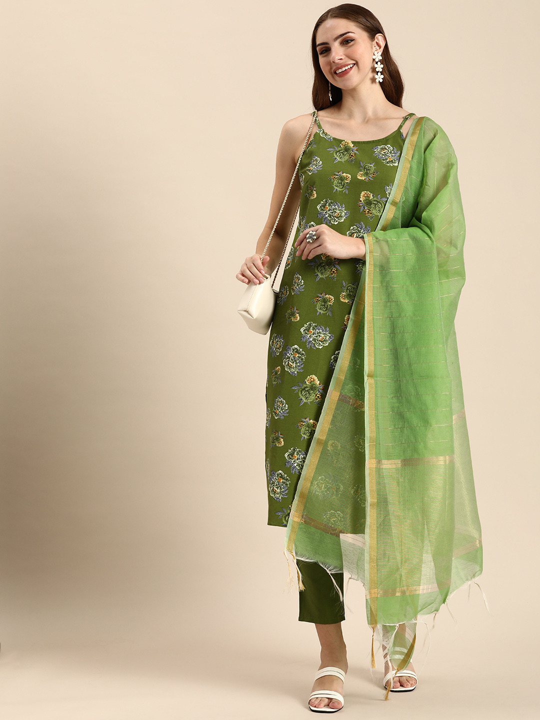 

Anouk Women Floral Printed Kurta With Trousers & Dupatta, Green