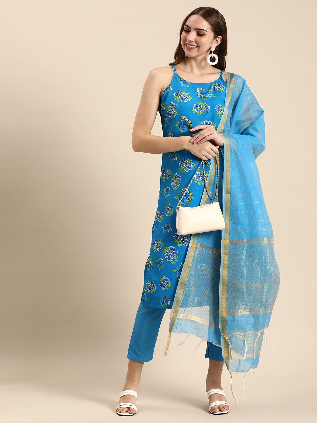 

Anouk Floral Printed Regular Sleeveless Kurta with Trousers & Dupatta, Blue