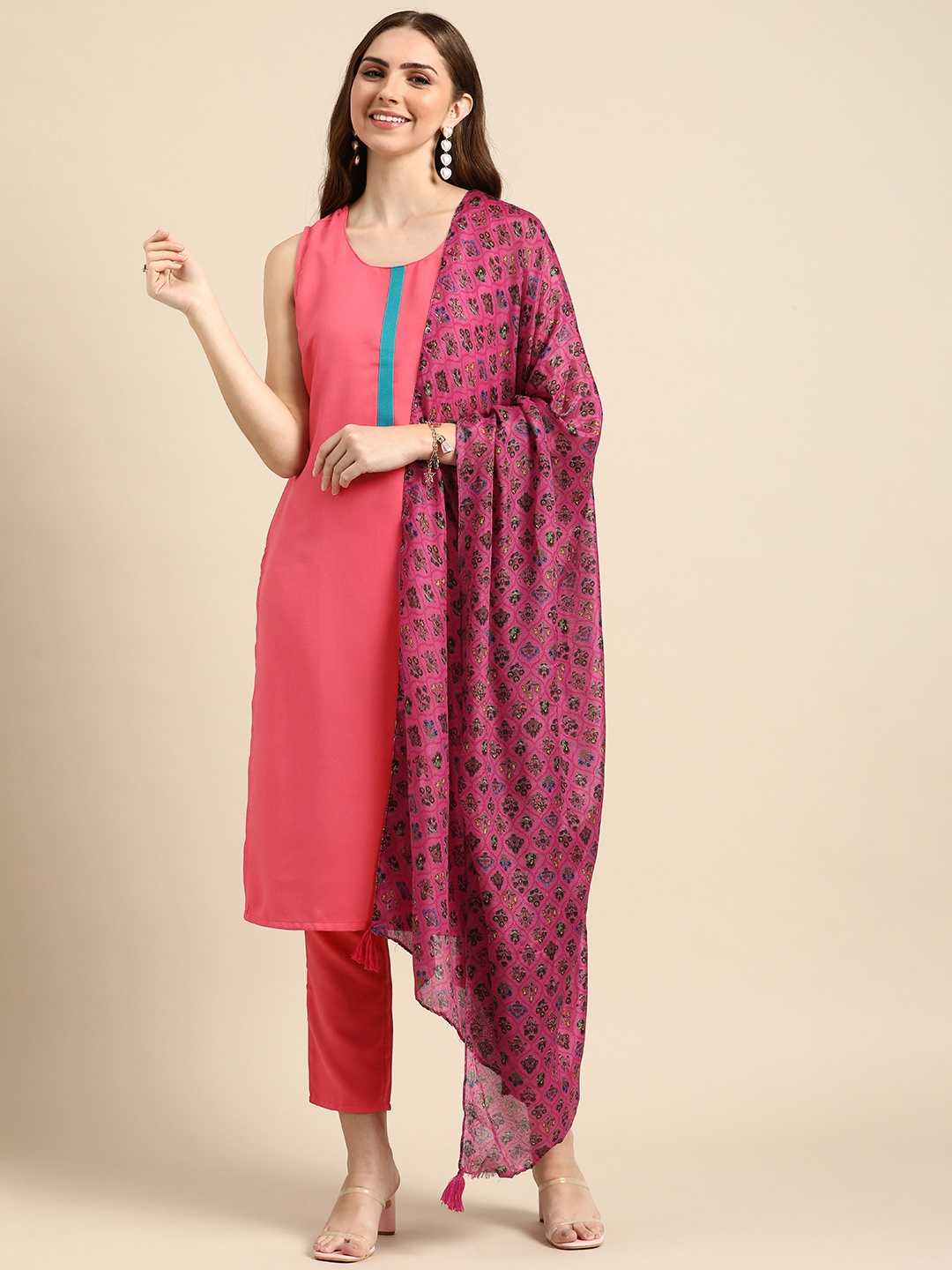 

Anouk Regular Sleeveless Kurta with Trousers & With Dupatta, Coral