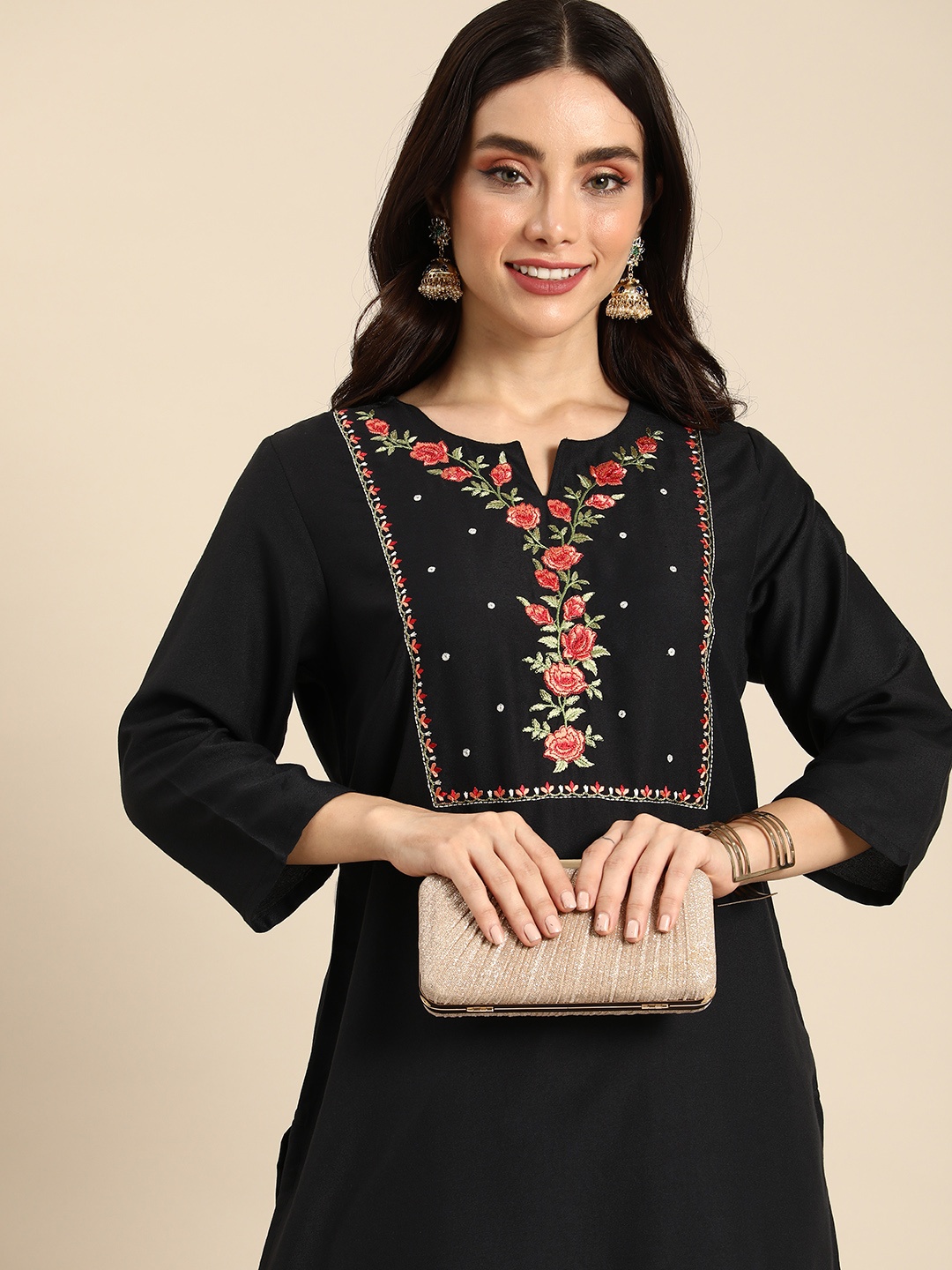 

Anouk Embroidered Straight Kurta, Black