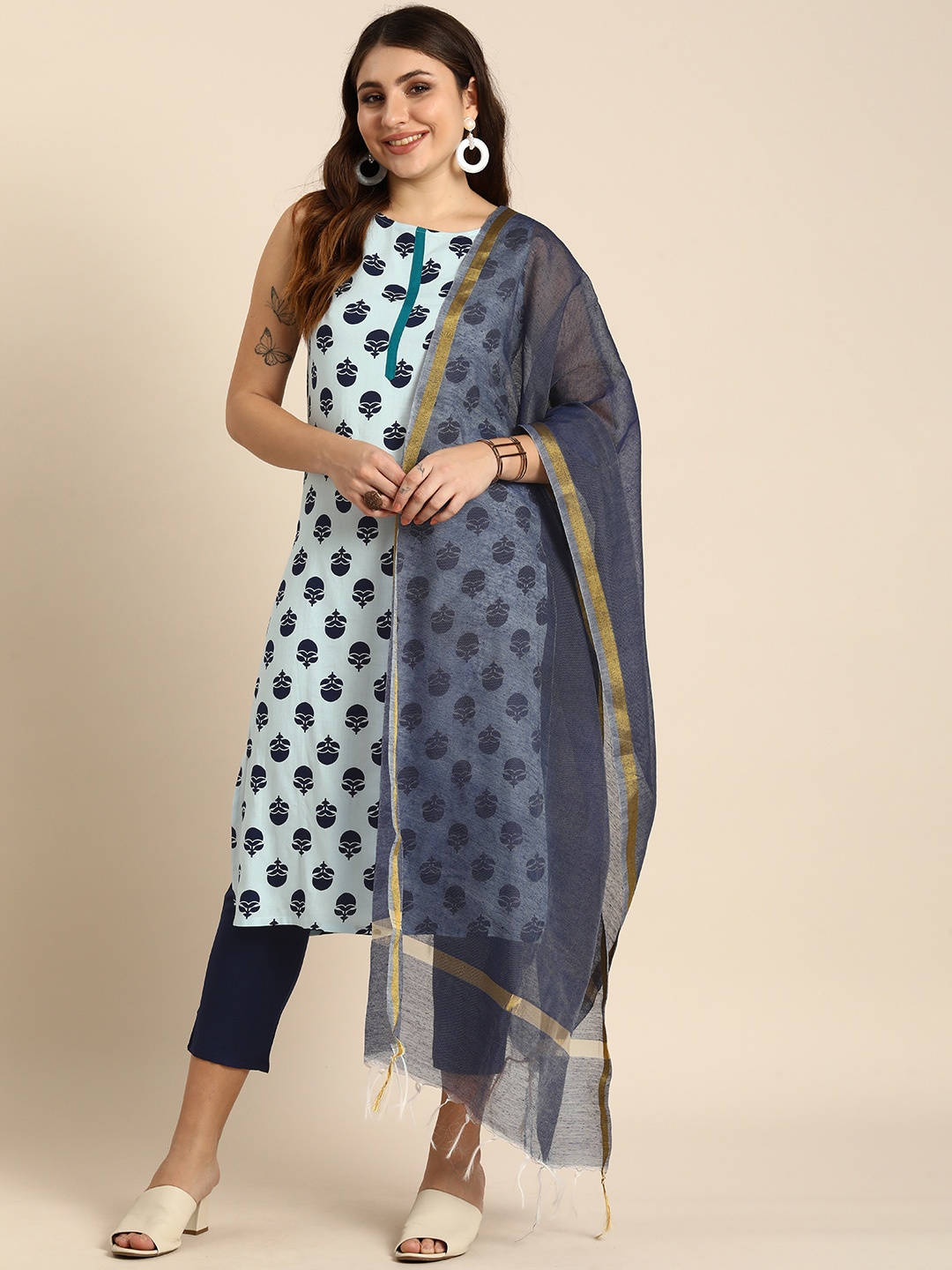 

Anouk Ethnic Motifs Printed Kurta with Trousers & Dupatta, Blue