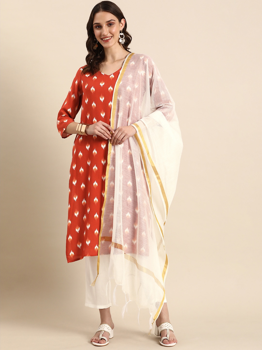 

Anouk Women Geometric Printed High Slit Kurta with Trousers & Dupatta, Rust