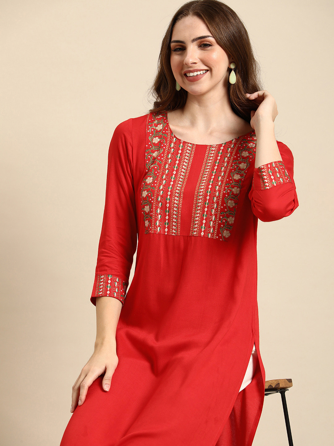 

Anouk Women Ethnic Motifs Round Neck Yoke Design Regular Kurta, Red