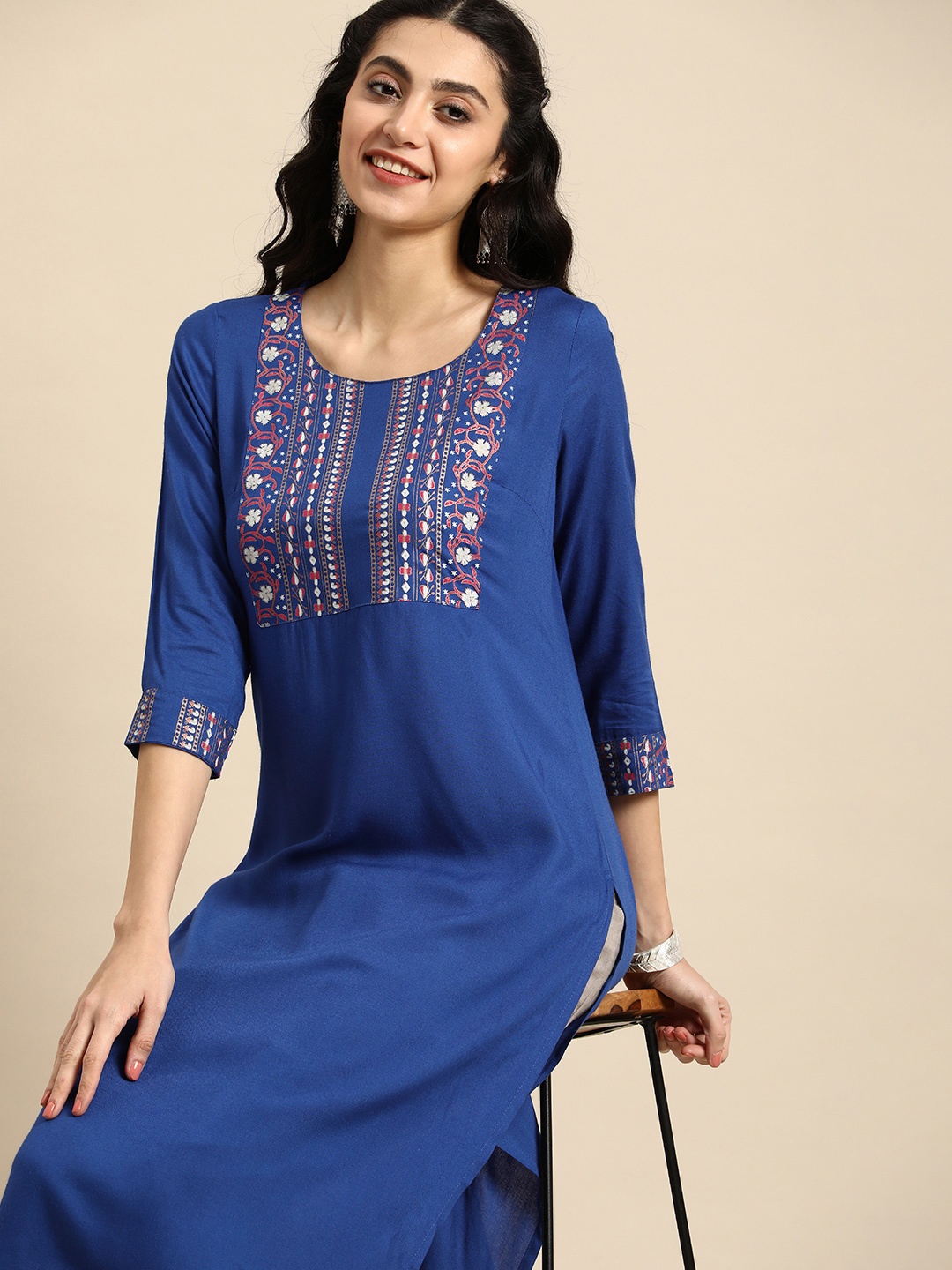 

Anouk Women Ethnic Motifs Round Neck Yoke Design Regular Kurta, Blue