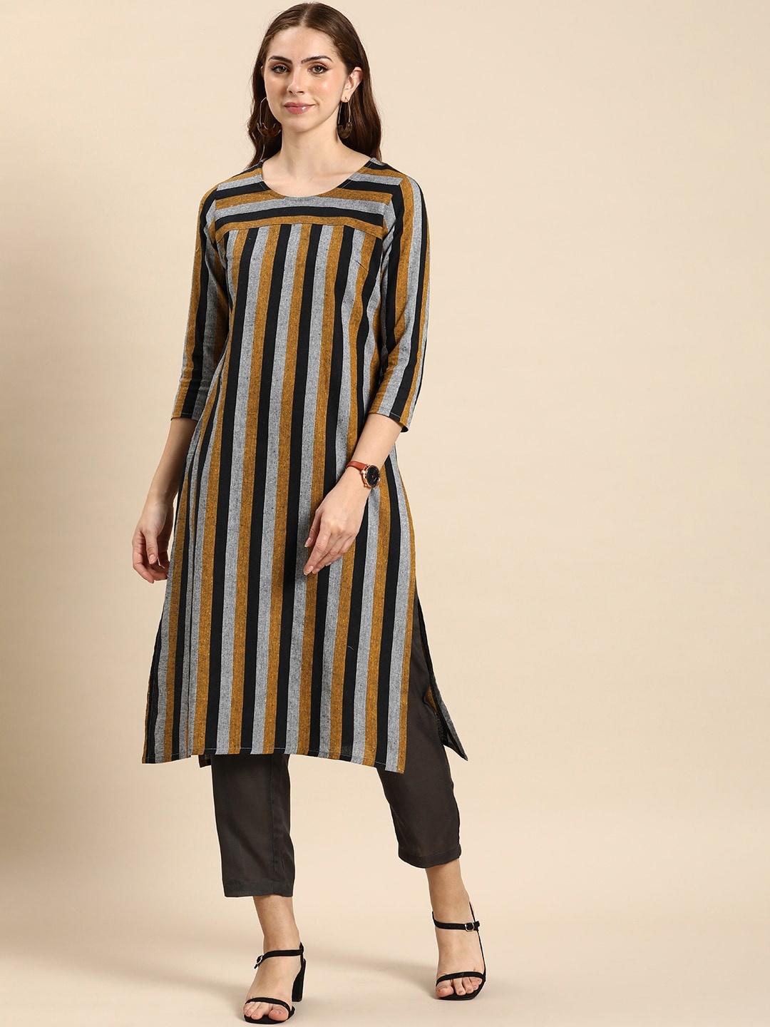 

Anouk Striped Kurta, Brown