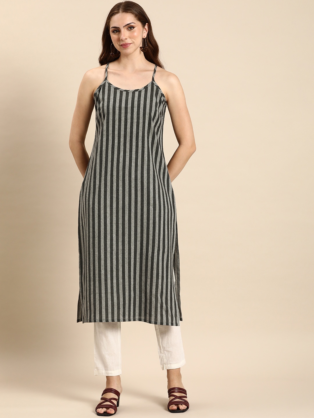 

Anouk Striped Kurta, Grey