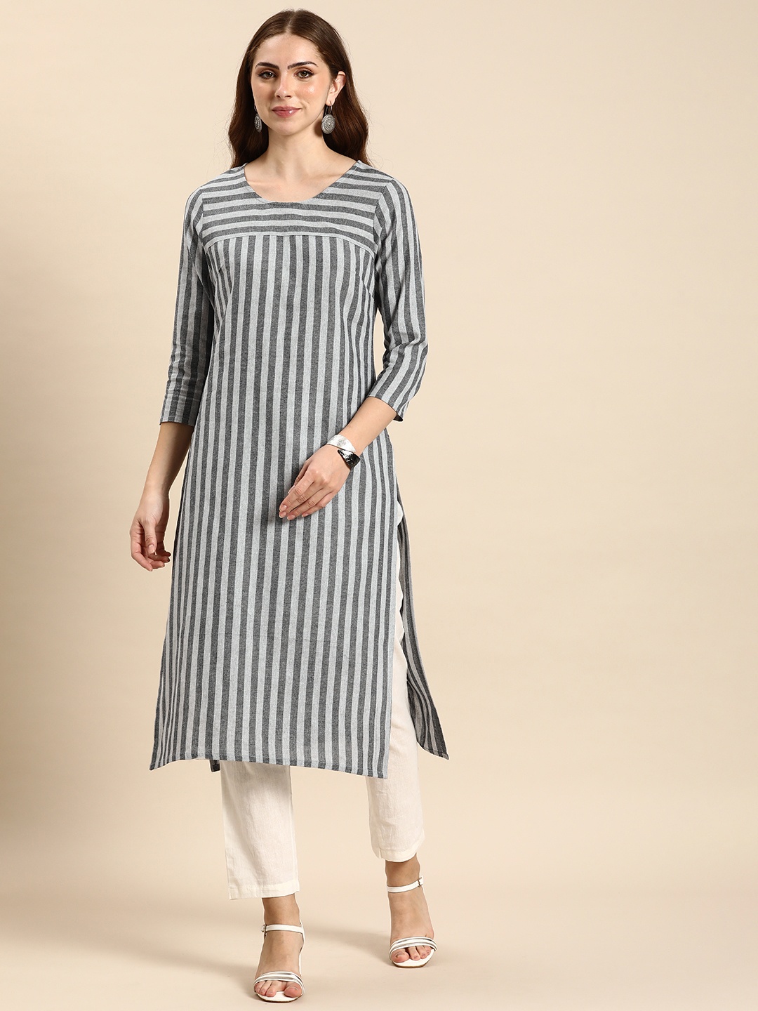 

Anouk Striped Kurta, Grey