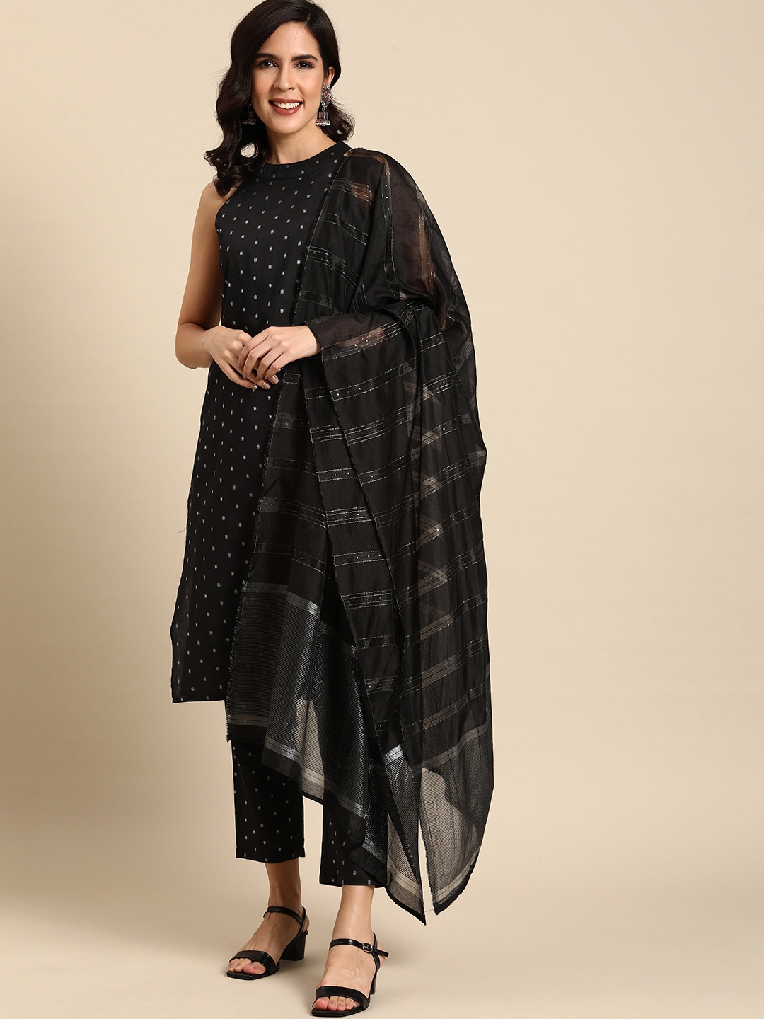 

Anouk Self Design Regular Kurta with Trousers & With Dupatta, Black