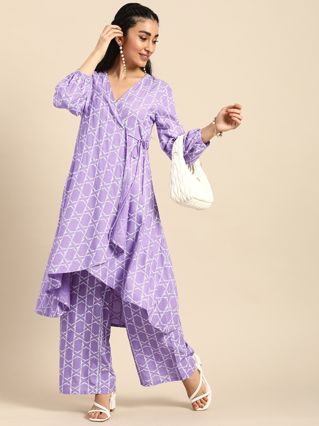 Anouk Women Printed Angrakha Kurta with Palazzos, Lavender