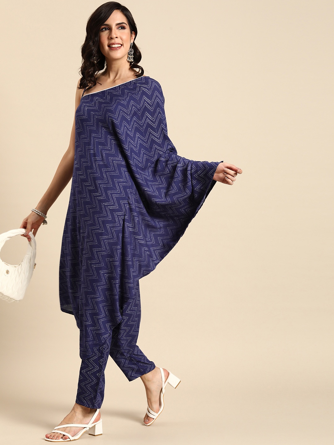 

Anouk Printed Regular Pure Cotton One-Shoulder Kurta with Trousers, Navy blue
