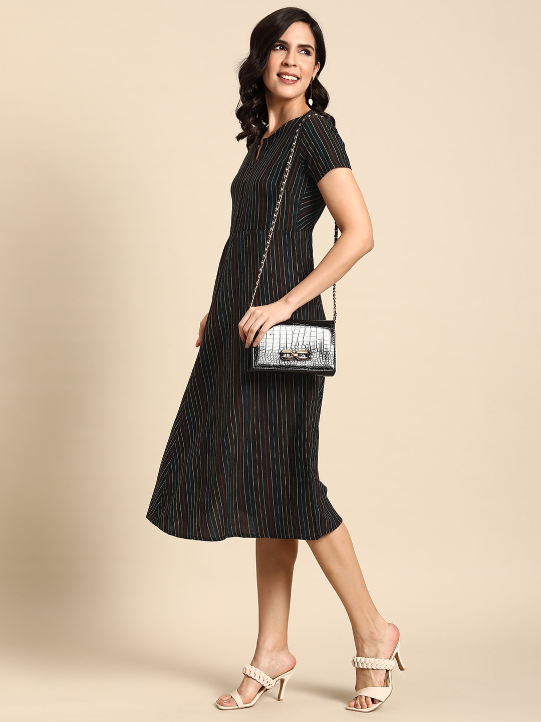

Anouk Thread Work Multi Or Variegated Stripes Ruffled Cut-Out Back Fit & Flare Midi Dress, Black
