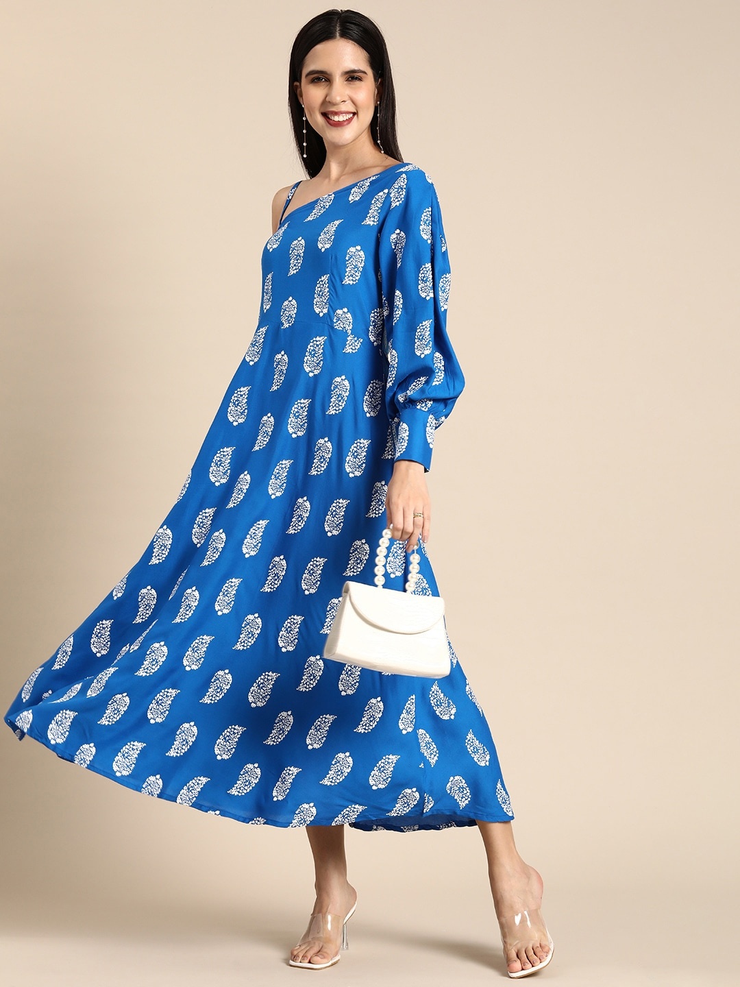 

Anouk Ethnic Motifs Printed One Shoulder A-Line Midi Dress, Blue