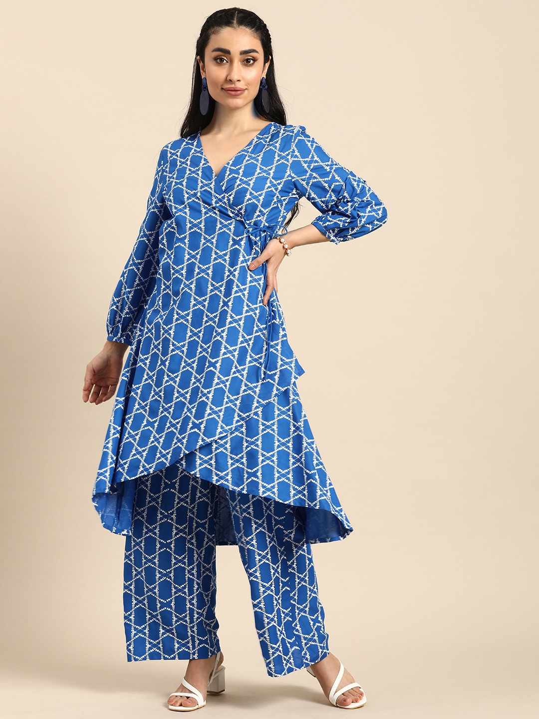 

Anouk Women Printed Angrakha Kurta with Palazzos, Blue