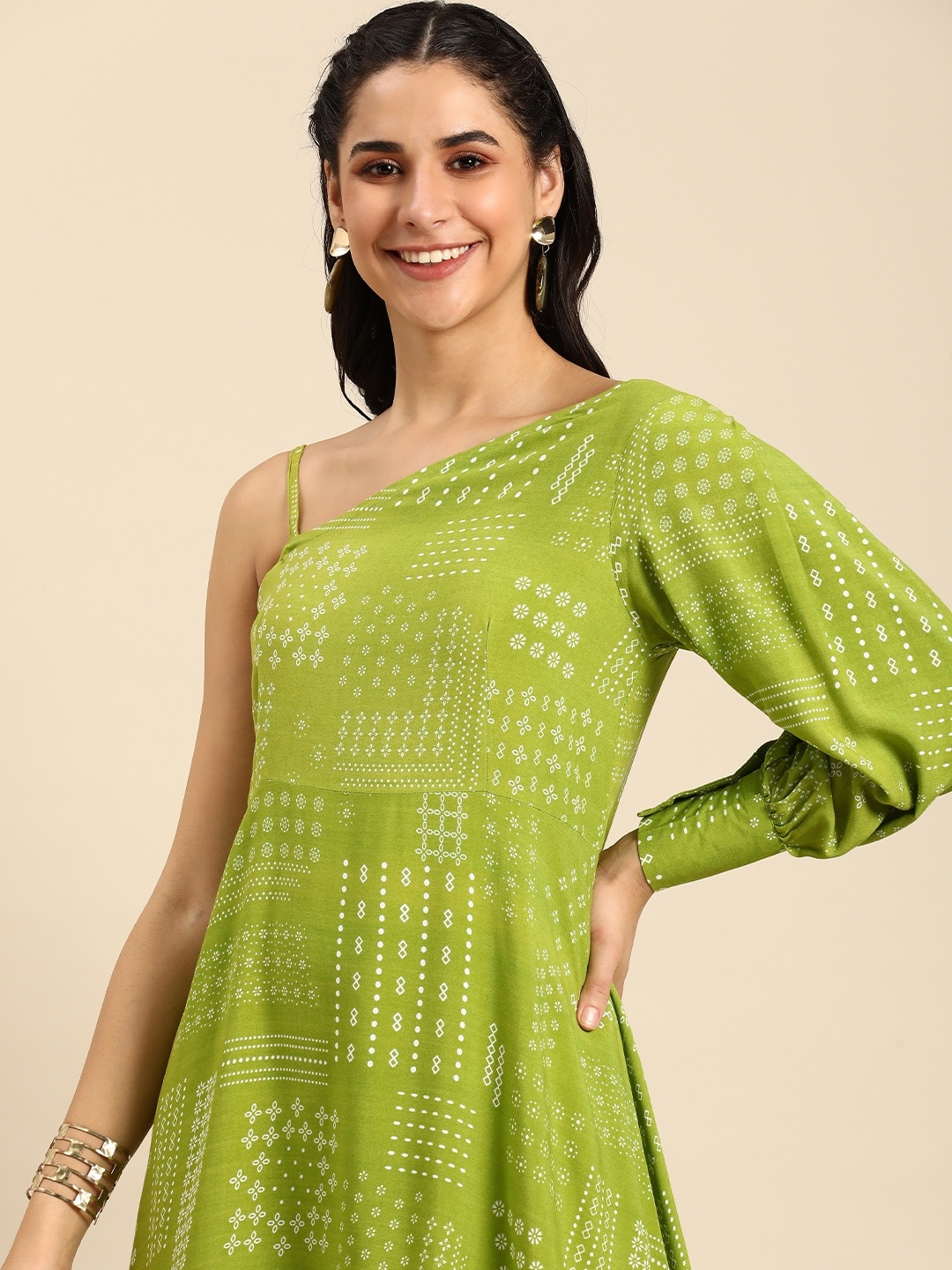 

Anouk Ethnic Motifs Printed One Shoulder A-Line Midi Dress, Fluorescent green